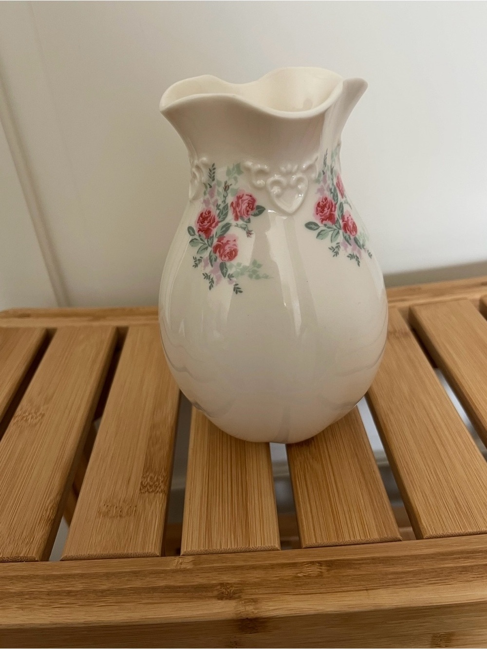 Vintage Ceramic Floral Pitcher Vase in Cream with Pink Roses